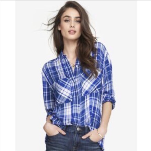Express Tops - Plaid Hi-Low Blouse